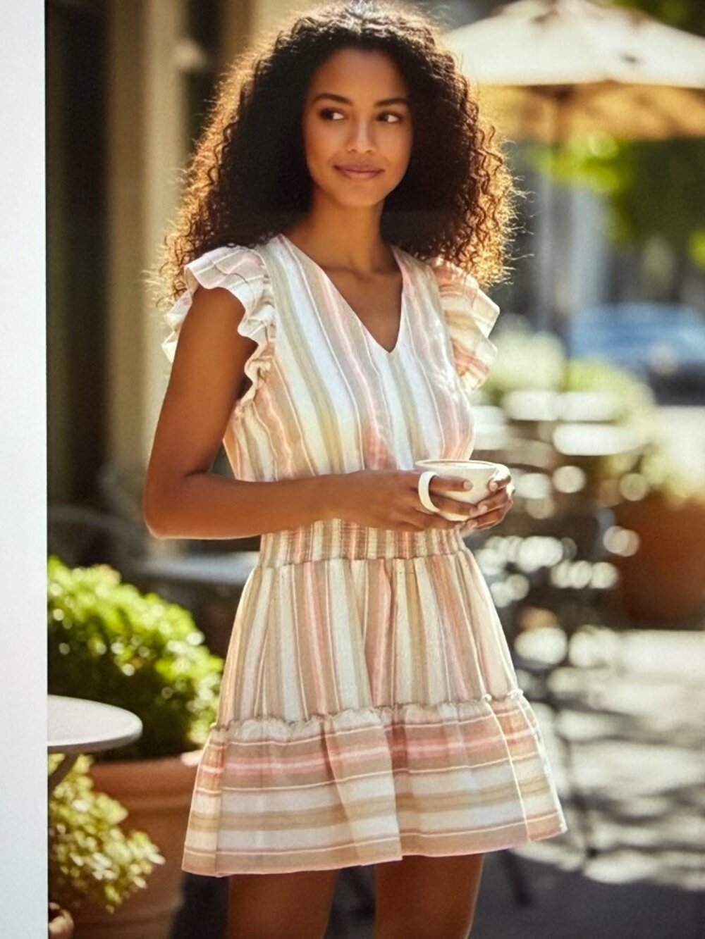 Vineyard Vines Women's Coral & Tan Tiered Striped Cotton V-Neck Dress - Size M